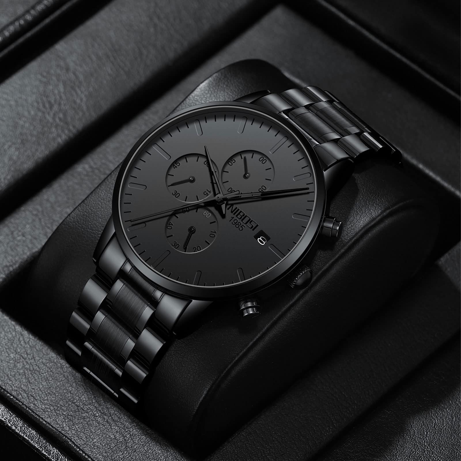 NIBOSI Orologio analogico da uomo, cronografo, minimalista, nero, con data | Cinturino impermeabile in acciaio inox, orologio al quarzo, stile militare, casual