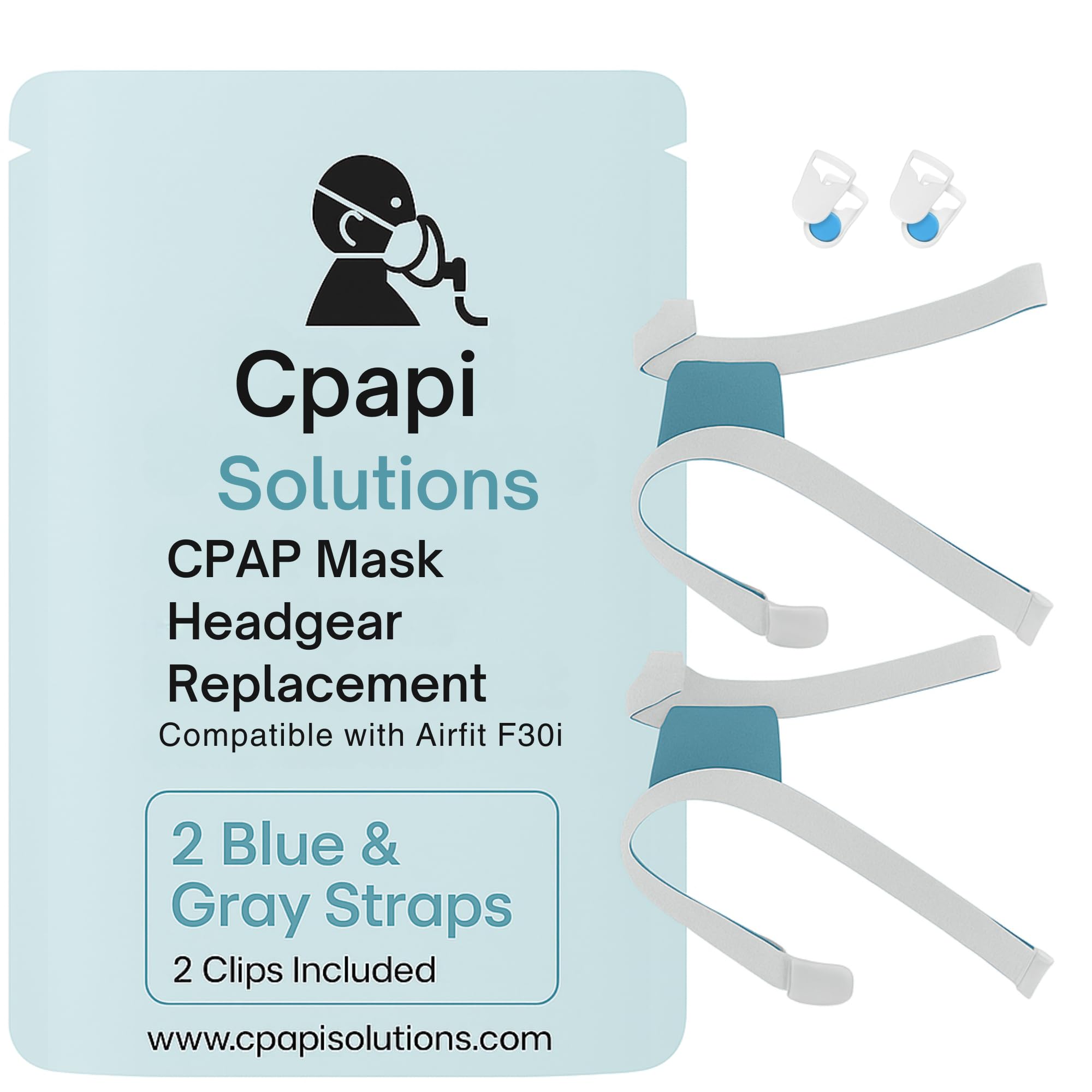 CPAPi Solutions F30i Headgear Strap Replacement – Medium/Standard – 2-Pack Gray/Blue – Includes Clips – Compatible with Full Face CPAP Mask – Elastic