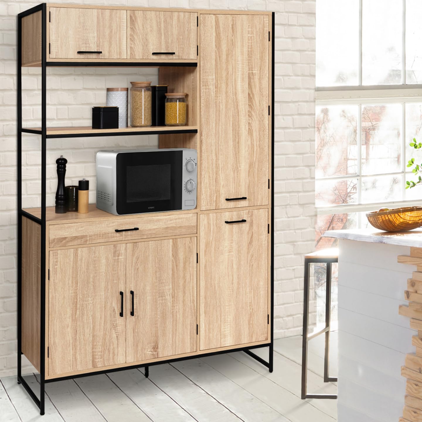 IDMarket - Aparador de cocina con columna de almacenamiento de 120 cm Detroit 6 puertas + cajón diseño industrial