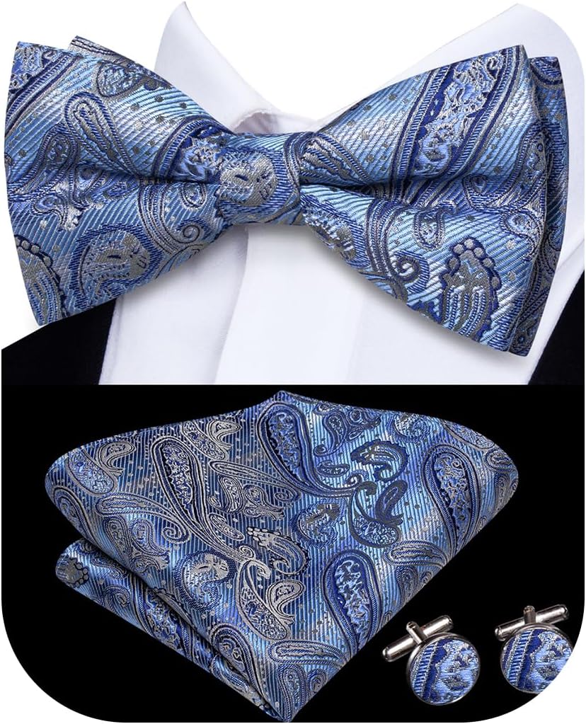 Bow Ties for Men Pre-Tied Pocket Square with Cufflinks Mens Bowtie Sets for Wedding Formal Party