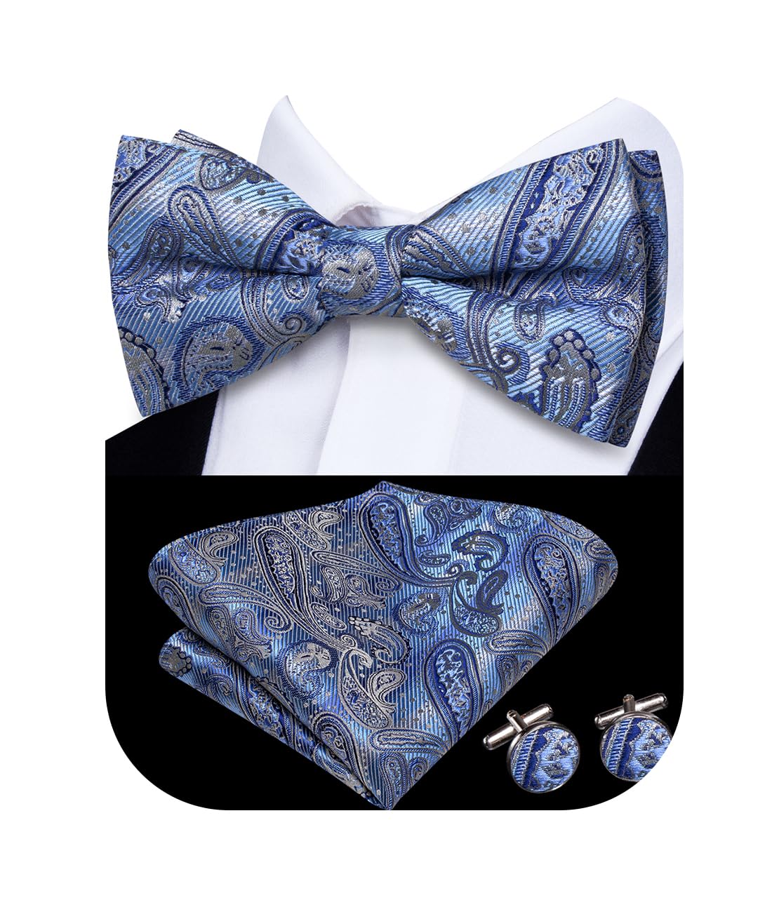 Bow Ties for Men Pre-Tied Pocket Square with Cufflinks Mens Bowtie Sets for Wedding Formal Party