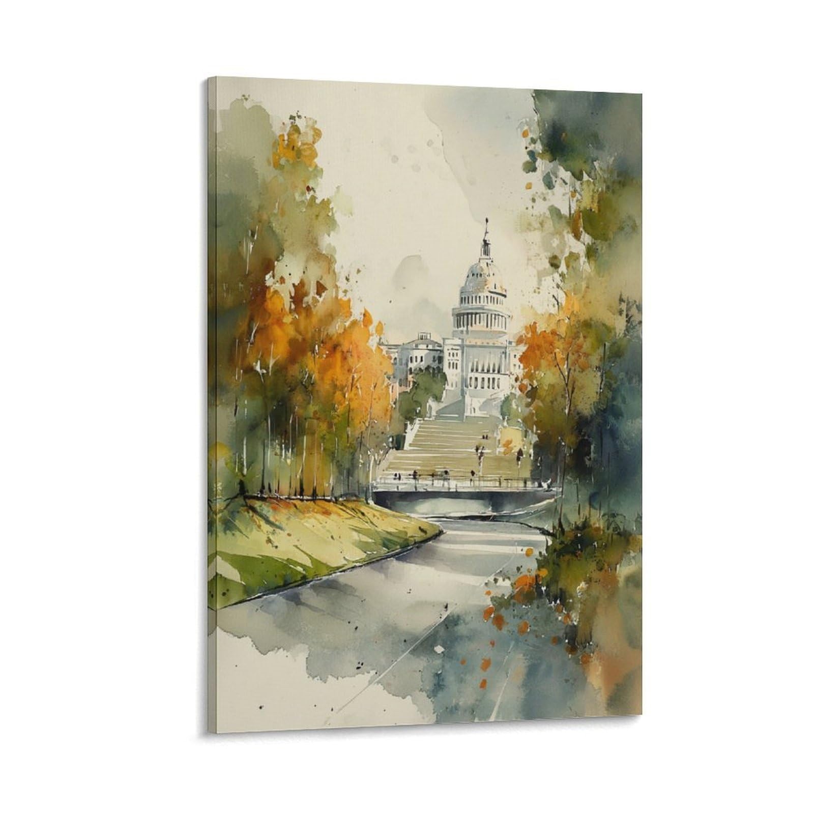 CNAHEIZ Washington Autumn Cityscape 20x30inch(50x75cm) Vintage Travel Poster Watercolor Canvas Art