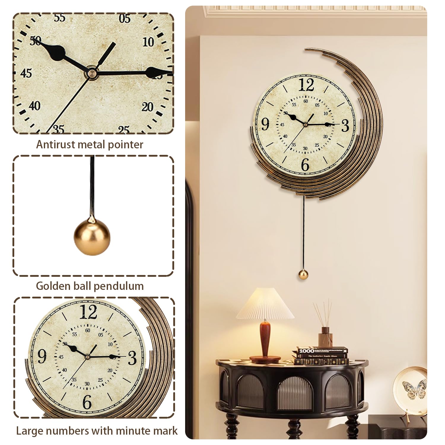 Decorative Wall Clocks with Pendulum,Silent Quality Quartz Movement Battery Operated,Vintage Wall Clock for Living Room,Kitchen,Home,Bathroom,Bedroom Wall Decor,13x22inch,Retro Golden