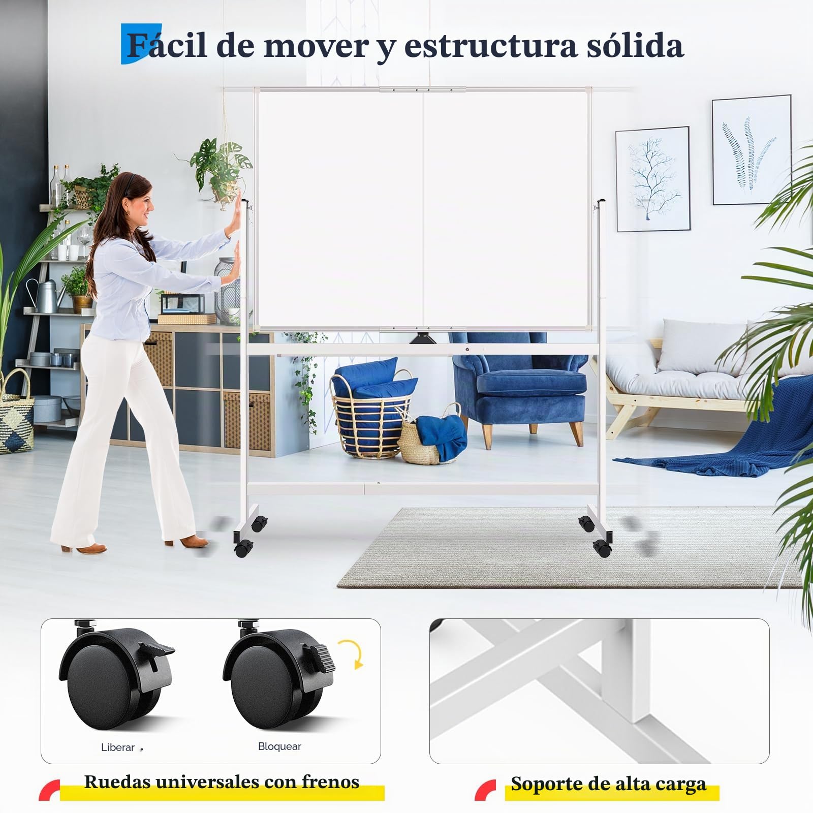 maxtek Pizarra Blanca con Ruedas 120 x 90 cm, Pizarra Magnética Grande de Doble Cara con Marco de Aluminio, con Marcadores, Imanes y Borrador de Pizarra, Pizarra Móvil para Escuela en Casa, Oficina