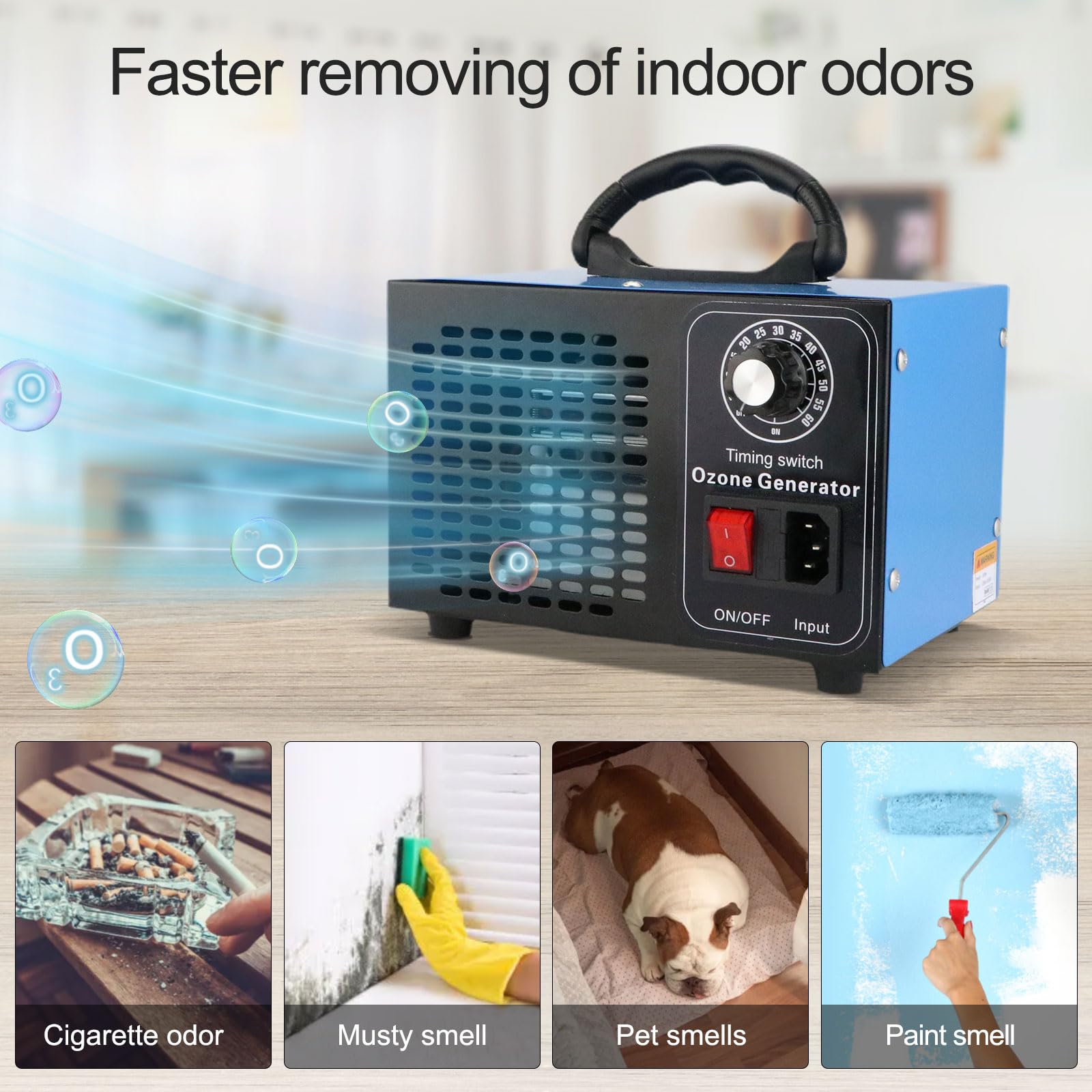 Anesty Generatore di ozono 60000 mg/h, dispositivo di ozono con timer, 100 W, 60 g/h, purificatore d'aria O3, per eliminare gli odori in auto, casa, cantina, appartamento, animali domestici e