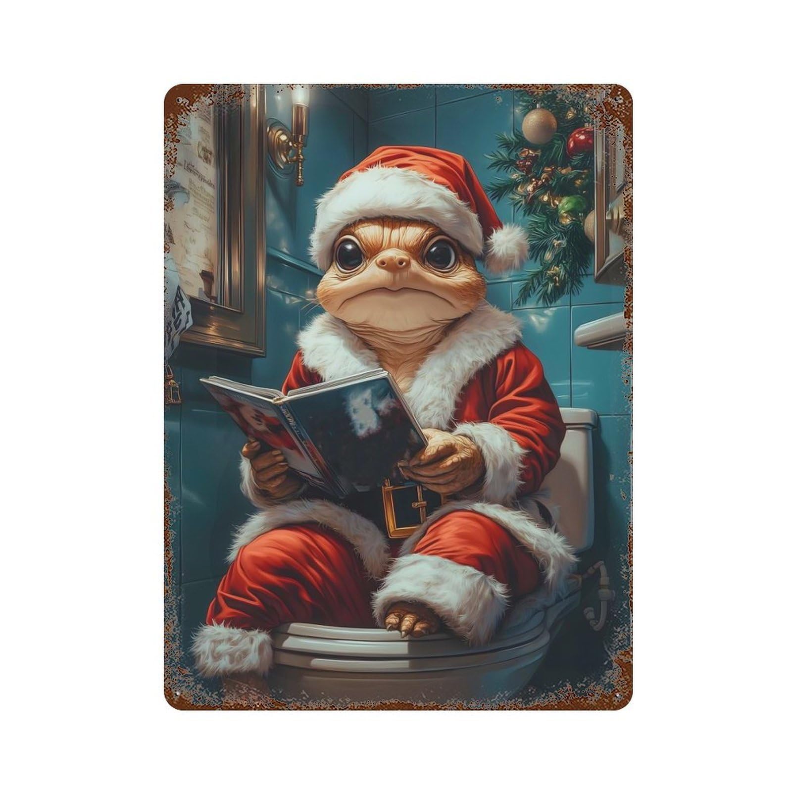 Santa Claus Lizard Tortois 15.7"x11.8" Rust Effect Tin Sign, Rustic Home Decor for Office, Studio And Wall Decor
