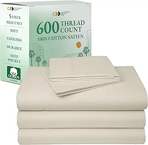 California Design Den Split King Sheet Set - 100% Cotton, 600 Thread Count Sateen, Breathable Luxury King Size Sheets for Adjustable Bed, Luxury Soft Hotel Quality Sheets - Ivory (Creamy Beige Tone)
