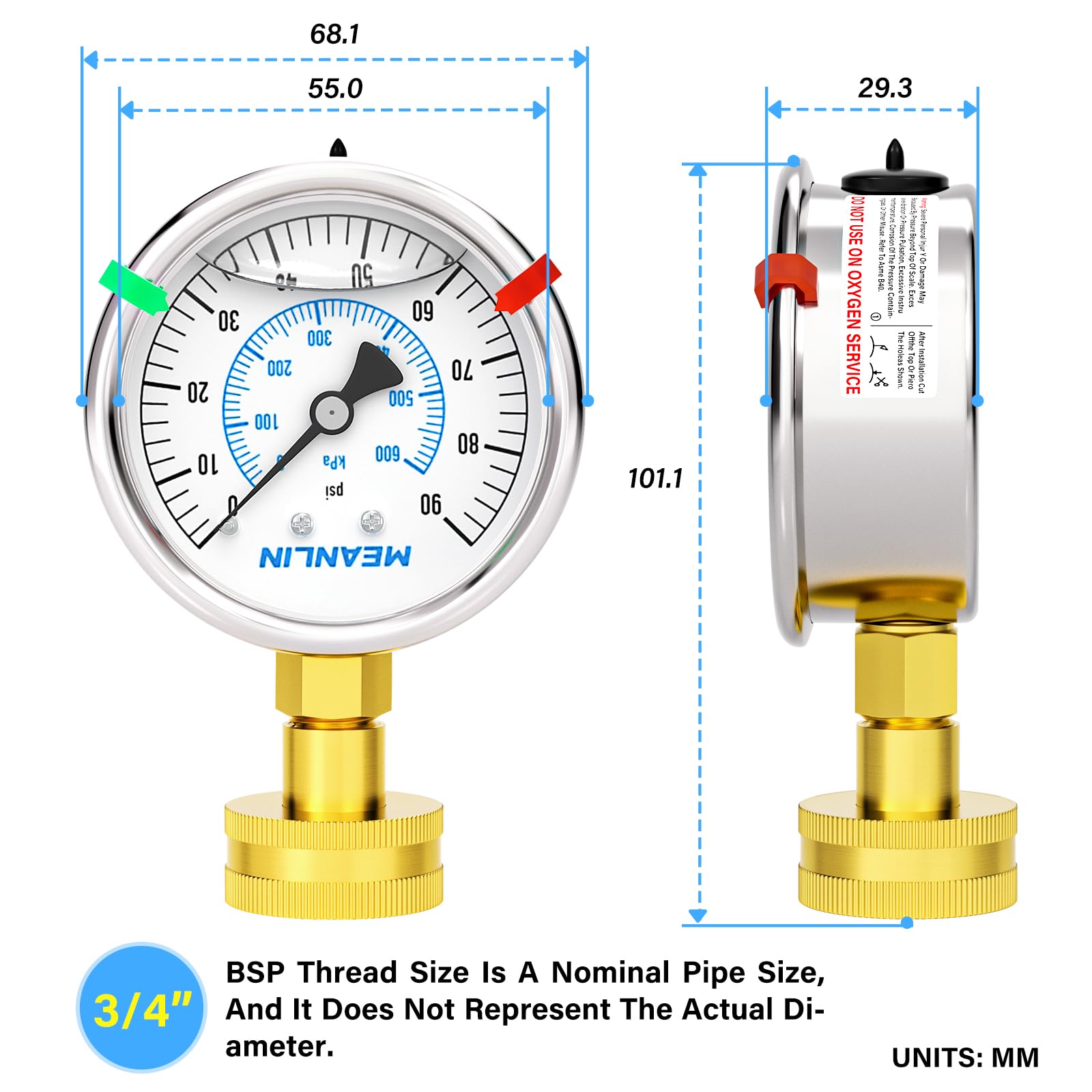 MEANLIN MEASURE 0~600KPa/90PSI Manomètre en acier inoxydable 3/4"femelle 2.5" FACE DIAL pour liquide WOG Water Oil Air Water Pressure Test Table with Sealing Ring (with 2PCS Snaps)