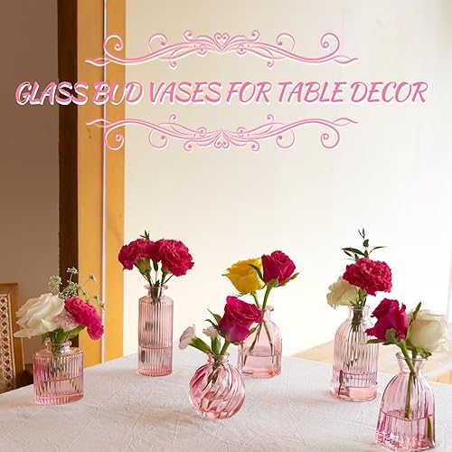 Miniatura 7 de Jarrón rosa, juego de 12 jarrones pequeños de vidrio rosa para flores, moderno jarrón de vidrio acanalado para decoración de boda, florero de flores