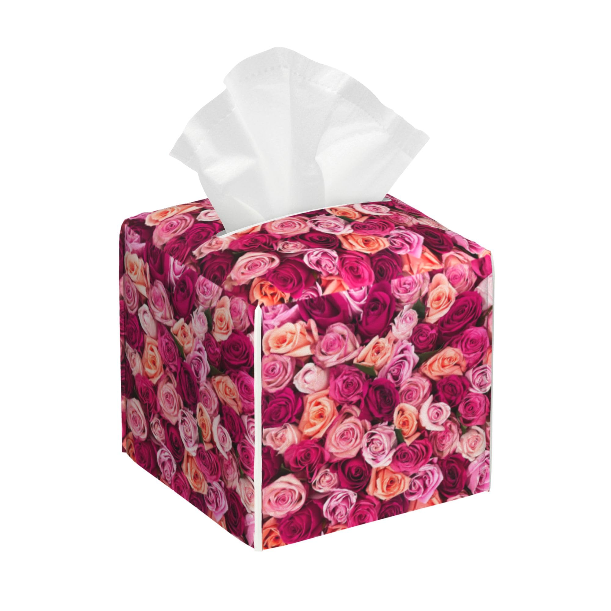 Square Tissue Box Cover Pink and Orange Roses Tissue Box Holder Facial Cube Paper Dispenser Leather Decorative Organizer Home Office Desk Decor 5.2"x5.2"x5.2"