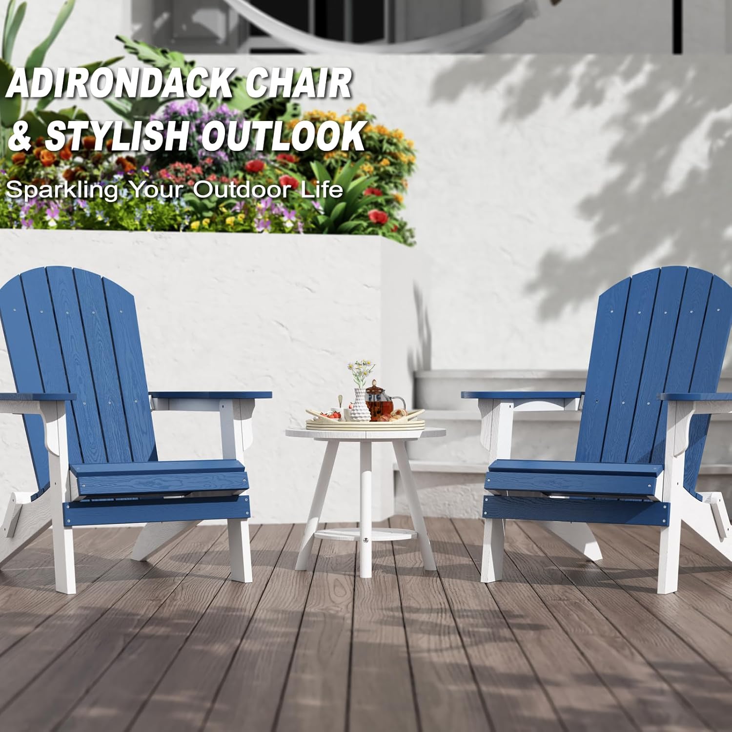 Folding Adirondack Chair - HDPE Adirondack Patio Chairs,All-Weather Resistant Outdoor Fire Pit Chairs, Durable Composite Plastic Chair for Patio,Garden & Gatherings(White & Blue)