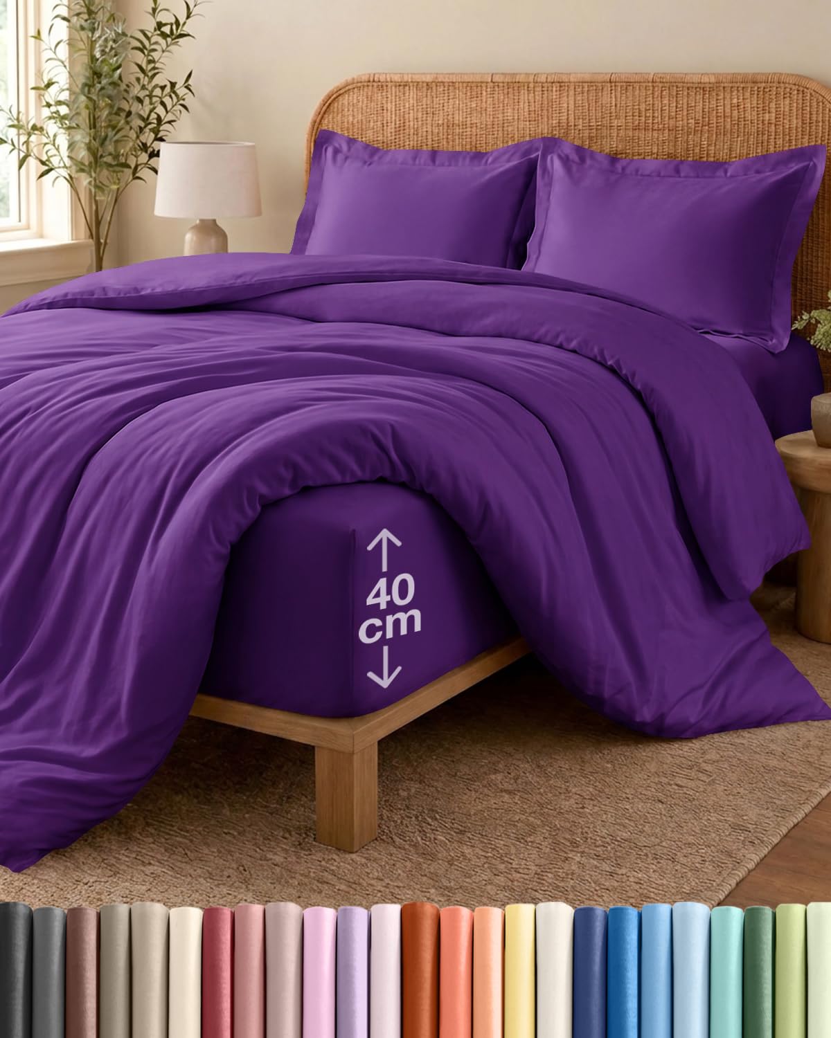 4 Piece Super King Purple Duvet Cover Set - Duvet Cover & Fitted Sheet, 2 Pillowcases - 260x220cm + 150x200cm 40cm / 16" - Brushed Microfibre - Soft, Wrinkle & Fade Resistant - OEKO-TEX Certified