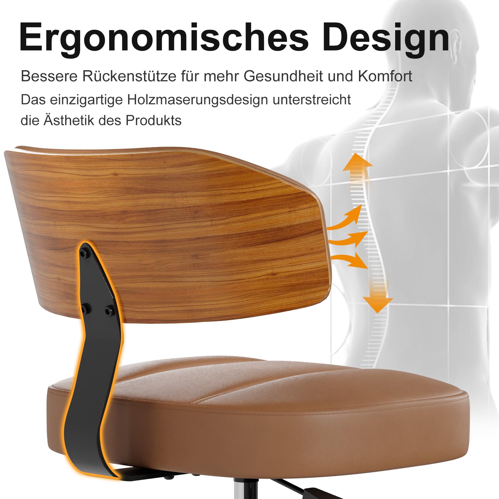 Bürostuhl ohne Armlehnen Drehstuhl 360° Schreibtischstuhl mit Rollen höhenverstellbar PU-Leder für Arbeitszimmer Schlafzimmer Homeoffice Schminkbereich Operationssaal Labor Schwarz Braun