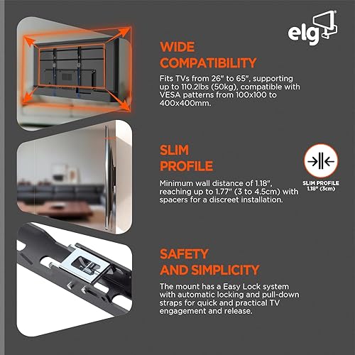 Vista 4 de ELG Soporte de pared para TV de perfil fijo/bajo para televisores de 32 a 77 pulgadas, soporta hasta 110 libras, VESA máximo 15.748 x 15.748 in, se