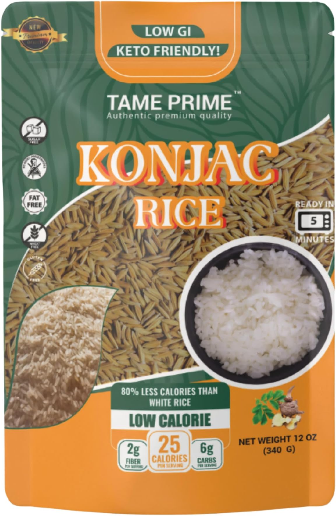 Tame prime dried Shirataki rice, Konjac rice 12 oz, Keto Friendly,Low GI,80% less calories than white rice.