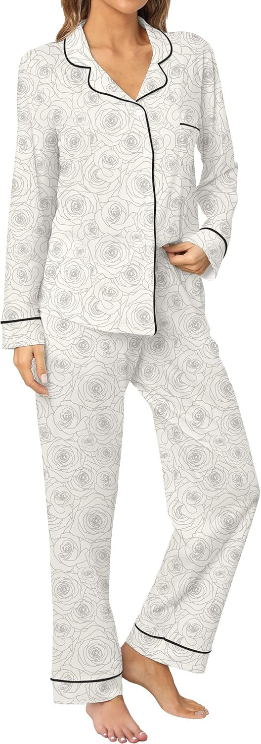 LUBOT 100% Cotton Pajamas for Women PJ Set Soft Button-Down 2 Piece Set Knitted Long Sleeve Sleepwear Loungewear XS-XXL