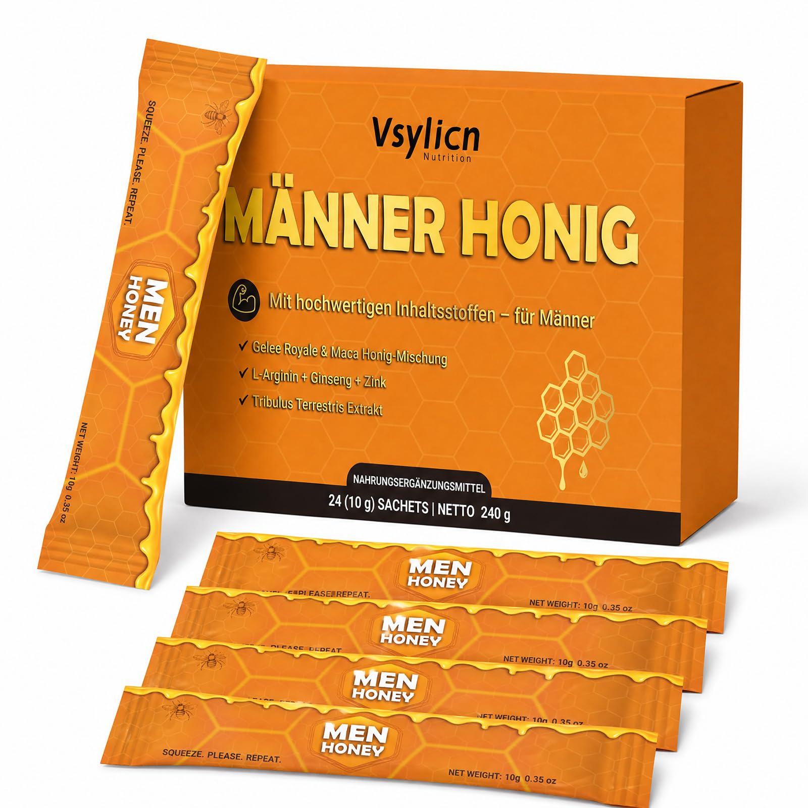 Männer Honig Sachets |Premium Kräuterhonig für aktive Männer | Natürlicher Honig mit Maca,Gelee Royale, Ginseng,L-Arginin & Zink - 24 x 10g Einzelpackungen - 240g