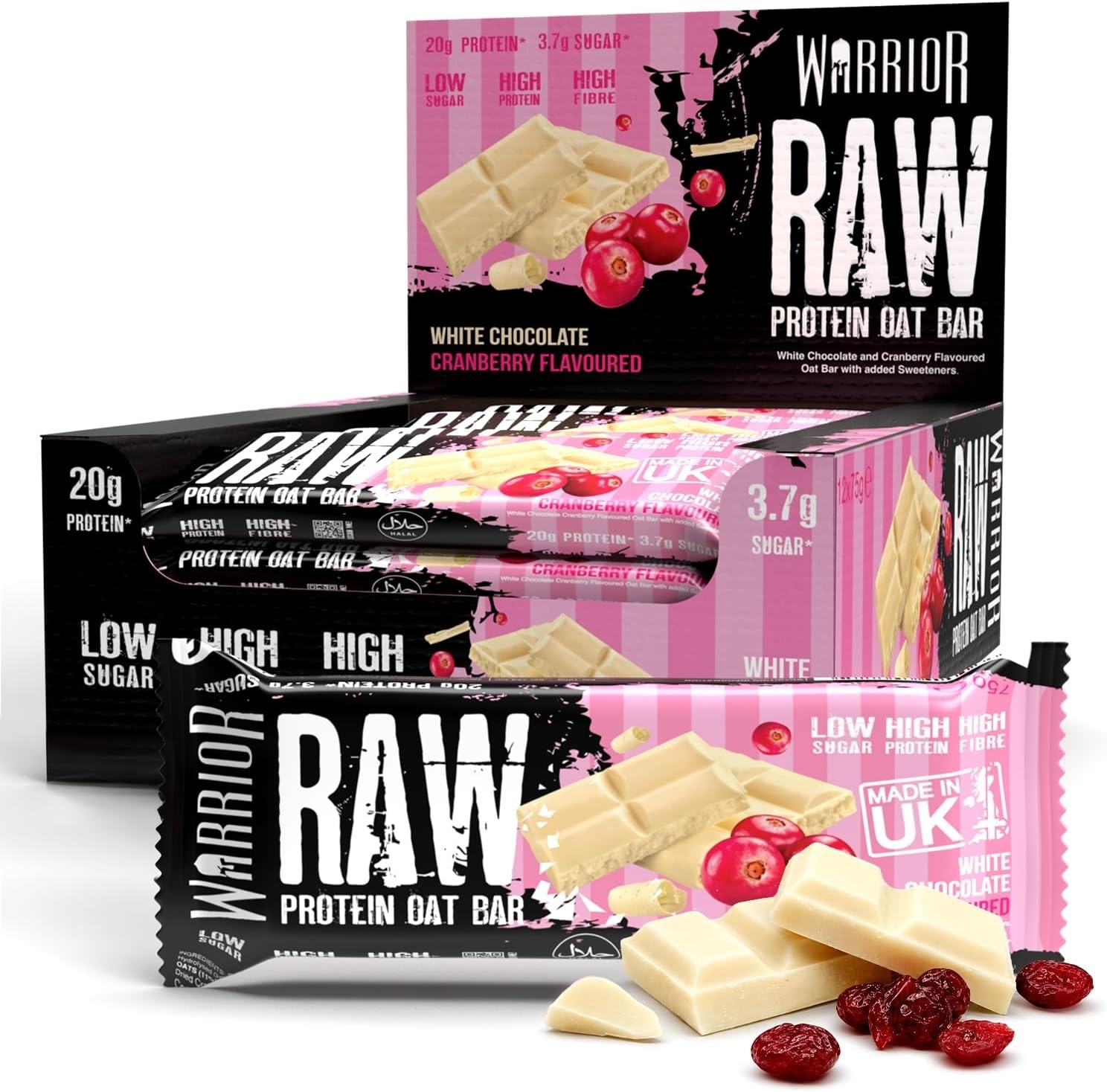 Warrior RAW Protein Bars 12 x 75g – 20g High Protein Bar, Low Sugar High Fibre Oat Protein Flapjack – Protein Snacks, Meal Replacement Bars (White Chocolate Cranberry)
