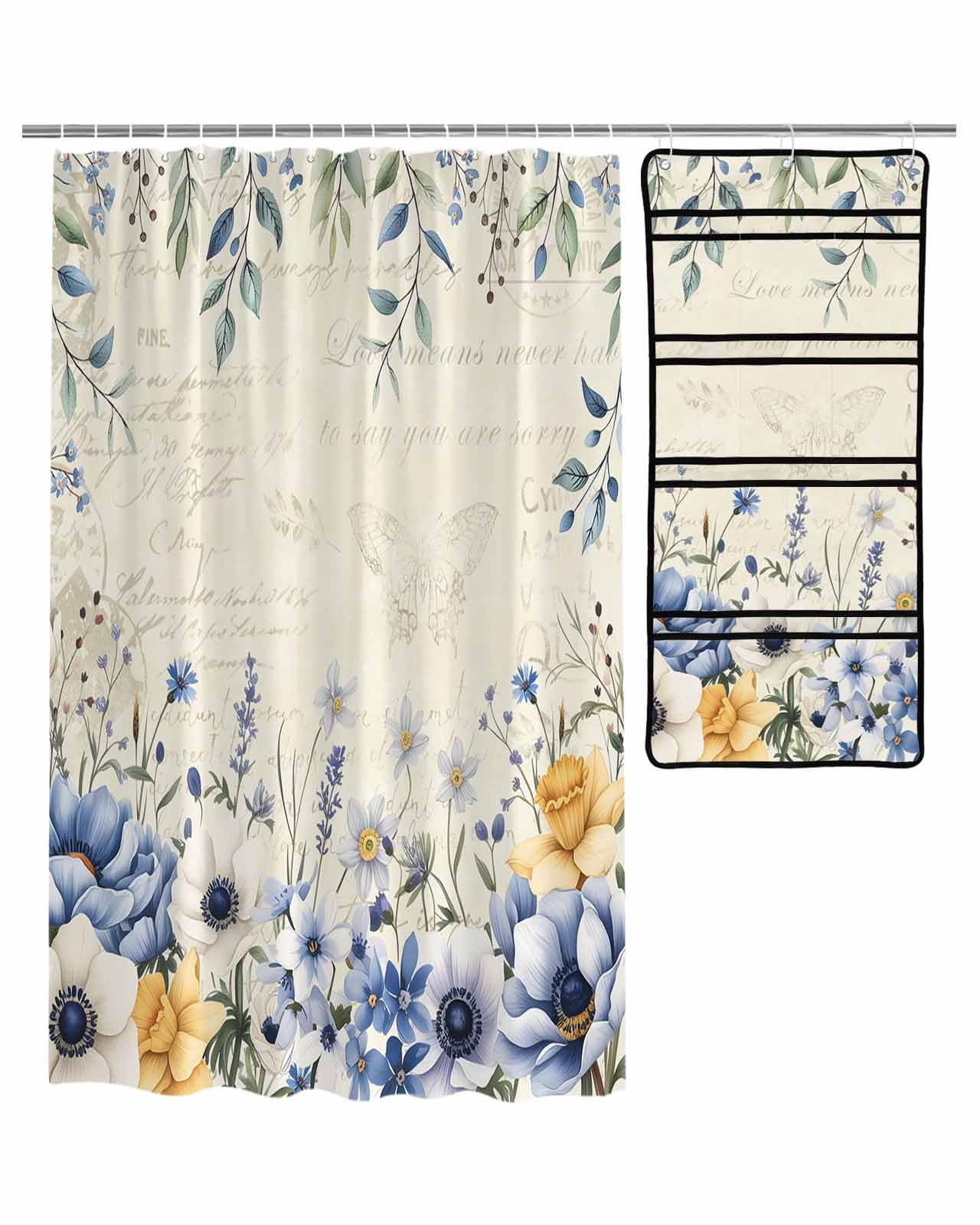 Decorative Shower Curtain Sets Floral Blue Fabric Waterproof Shower Curtains Vintage Spring Tulip Flowers Eucalyptus Leaves White Mesh