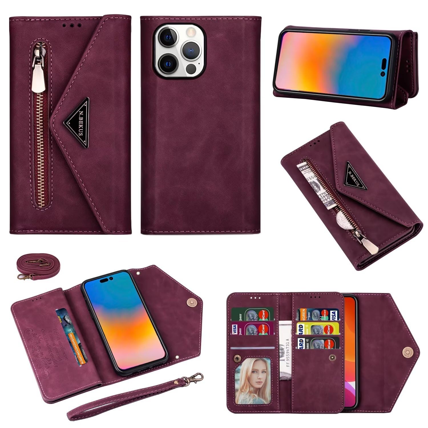 Étui portefeuille iPhone 15 Plus bordeaux à rabat pour sortie - 8