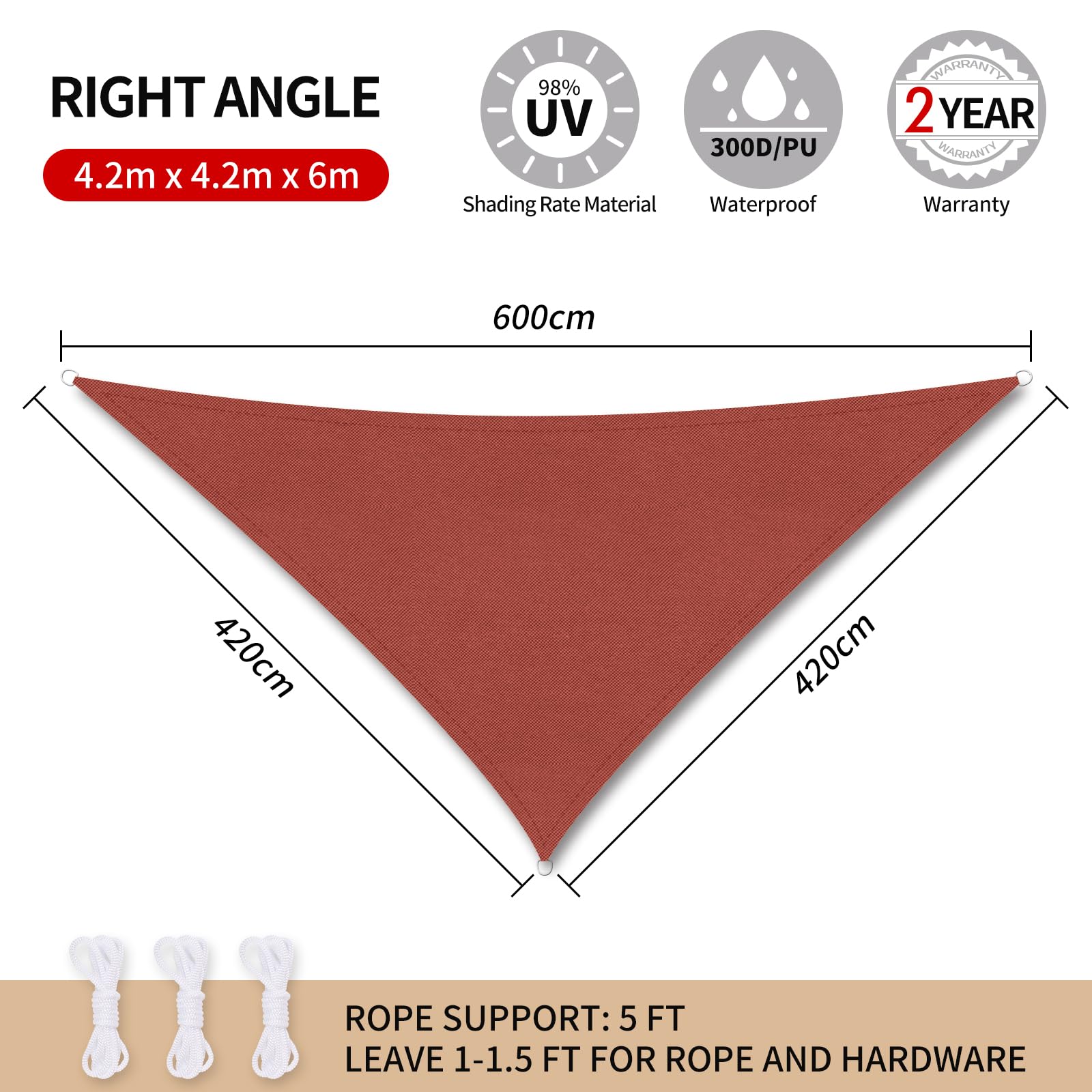 RICHIE Sun Shade Sail Angle 4.2x4.2x6m Waterproof, 98% UV Block Awnings for Patios with Free Rope Sunscreen Awning Canopy - Image 2