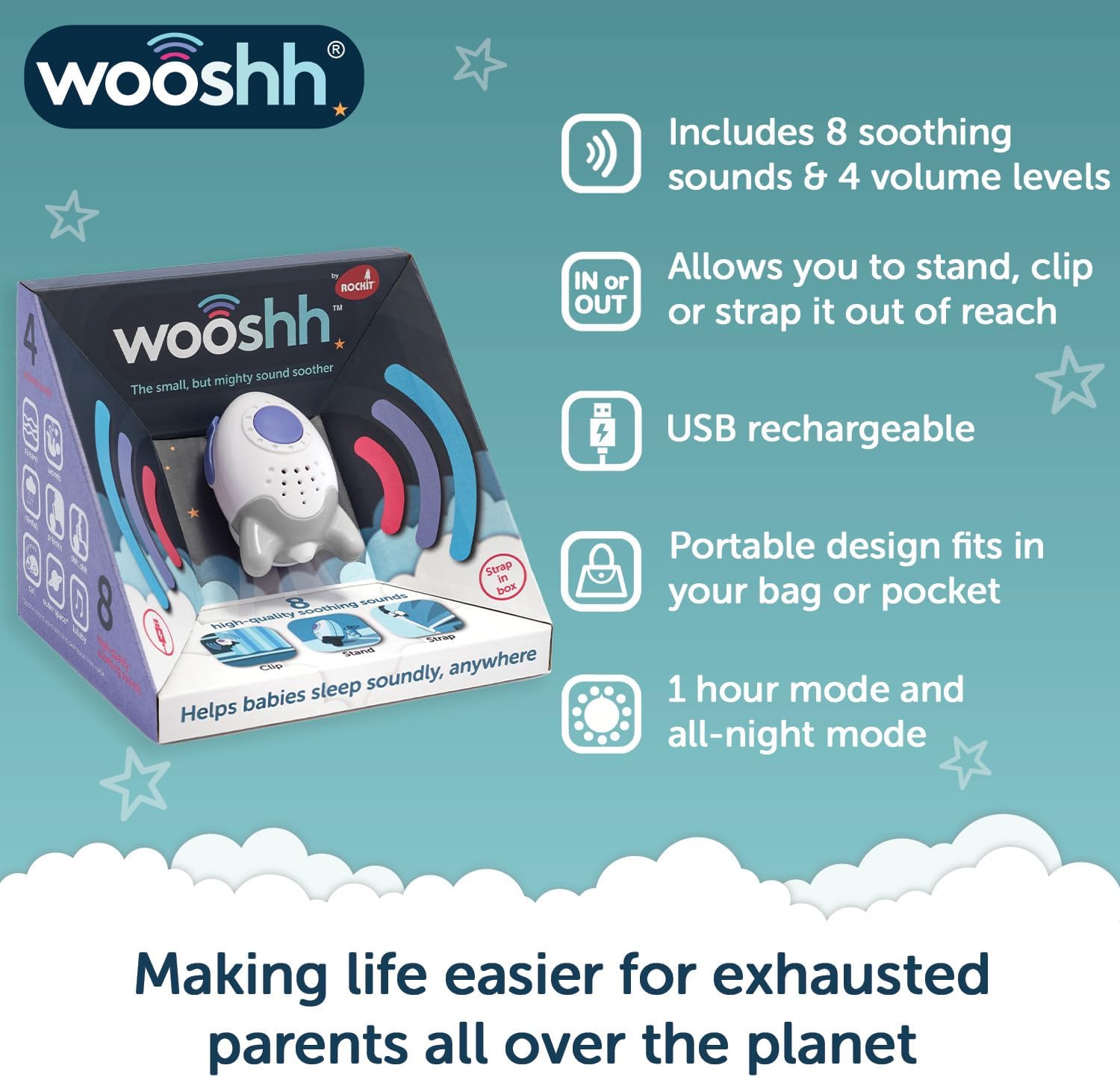 Wooshh by Rockit. Portable Rechargeable Baby Sleep-aid Sound Machine 8 Calming Sounds 4 Volume Levels- All Night Mode- White Noise for Adults, Kids & Baby