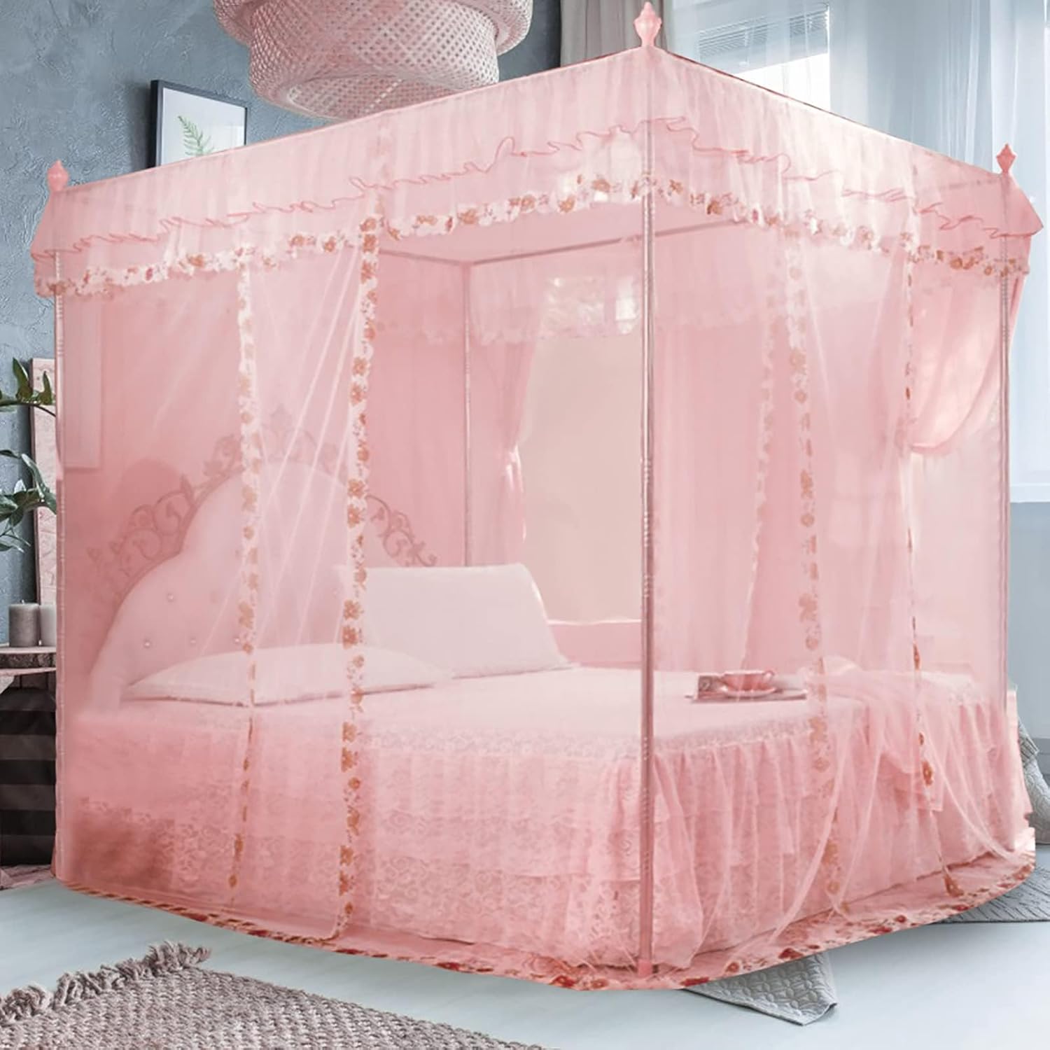 Princess Bed Canopy with Mosquito Net, Pink, 150*200*200cm, Romantic Style