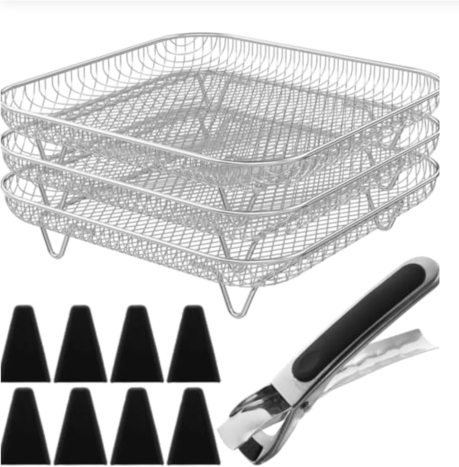 8.2inch Square Air Fryer Rack & Basket Set - 3-Tier Stackable Dehydrator Rack, Universal Air Fryer Accessories for Square Air Fryers (Inner Size >8.2inch), Non-Slip & Easy to Clean?