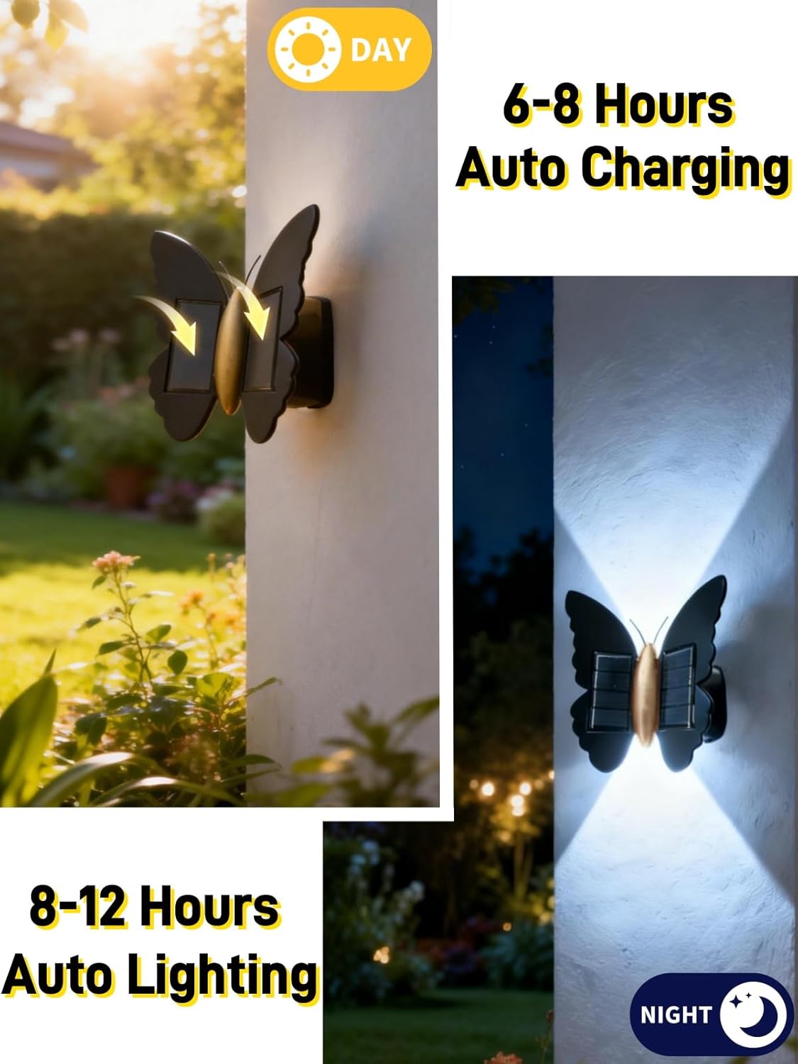 Solar Butterfly Lights, Outdoor Butterfly Wall Lamp, IP65 Waterproof Garden Decor Solar Lights , 3000K - Modern LED Wall Sconce for Porch, Yard, Patio, Balcony, Birthday Gifts for Mom (White Light)