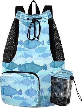 Blue Swimming Fish Swim Bag Mesh Sports Drawstring Backpack with Wet Pocket Waterproof Swimming Gym Backpack for Men Women