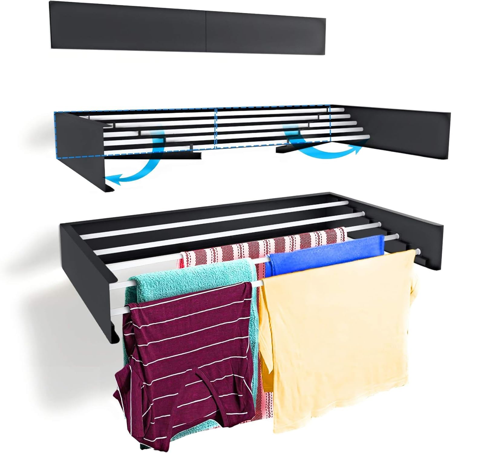 Col & Cor Tendedero Plegable de Pared Balcón - Diseño Compacto y Retráctil - Resistente Ideal para Interior y Exterior, Tendal Tenderete Extensible Ahorra Espacio (Negro, 80x40x10 / 5 Varillas)