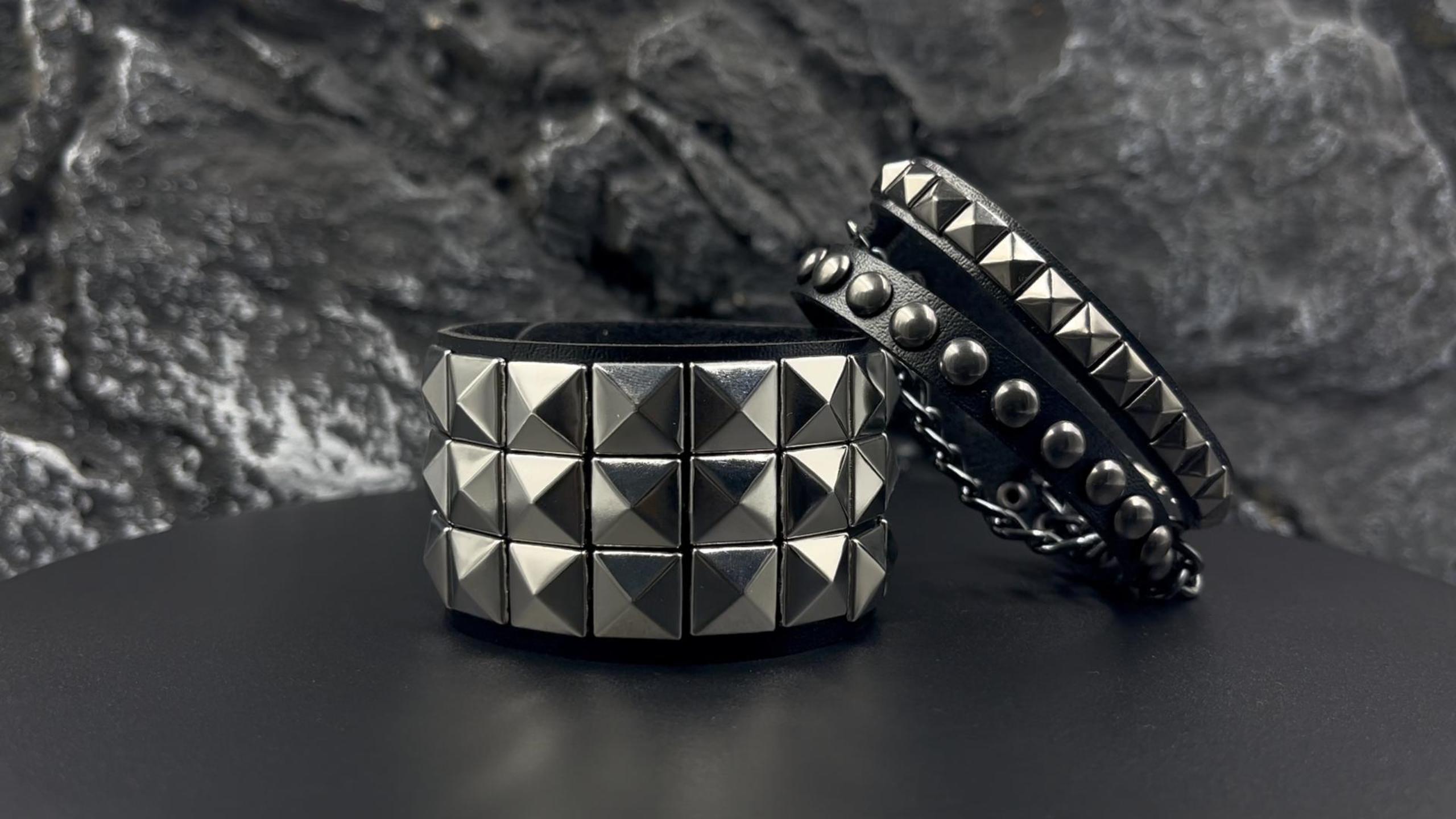 Punk Bracelet for Men Women, Goth Leather Wristband with Metal