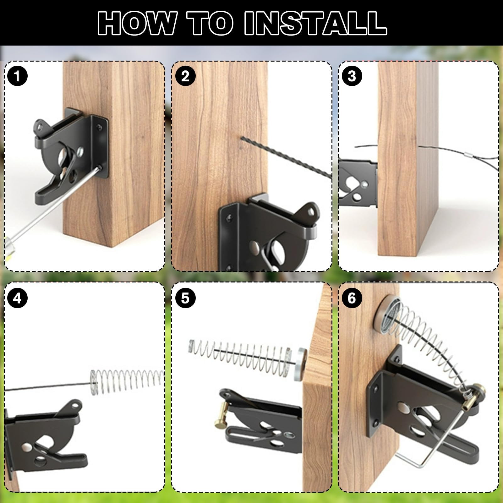 LEONTOOL Self-Locking Gate Latch with Spring Cable Pull for Wooden Fence Gate Heavy Duty Post Mount Automatic Gravity Door Latch Hardware for Secure Pool Outdoor Garden - Image 4