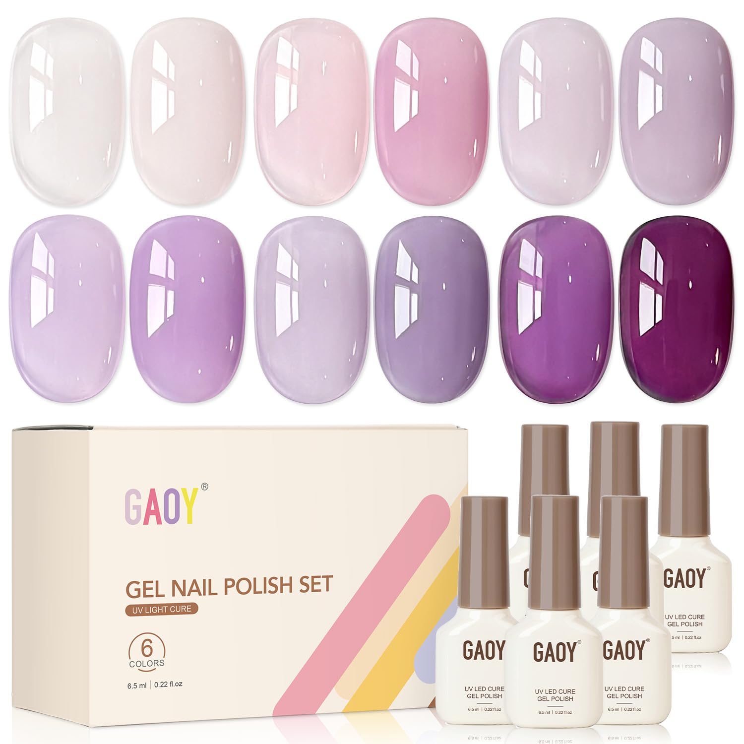 GAOY Jelly Purple Gel Nail Polish Set, 6 Transparent Colors White