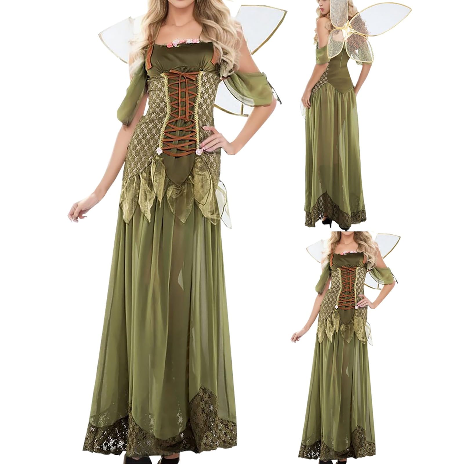 Fee Kostüm Damen Kleid -Elfe Kleid Maxikleid Waldfee Cosplay Prinzessin Kleider mit Flügeln Waldelfe Kleid Elegant Lange Partykleid Halloween Fasching Karneval Kostüm für Frauen Grün
