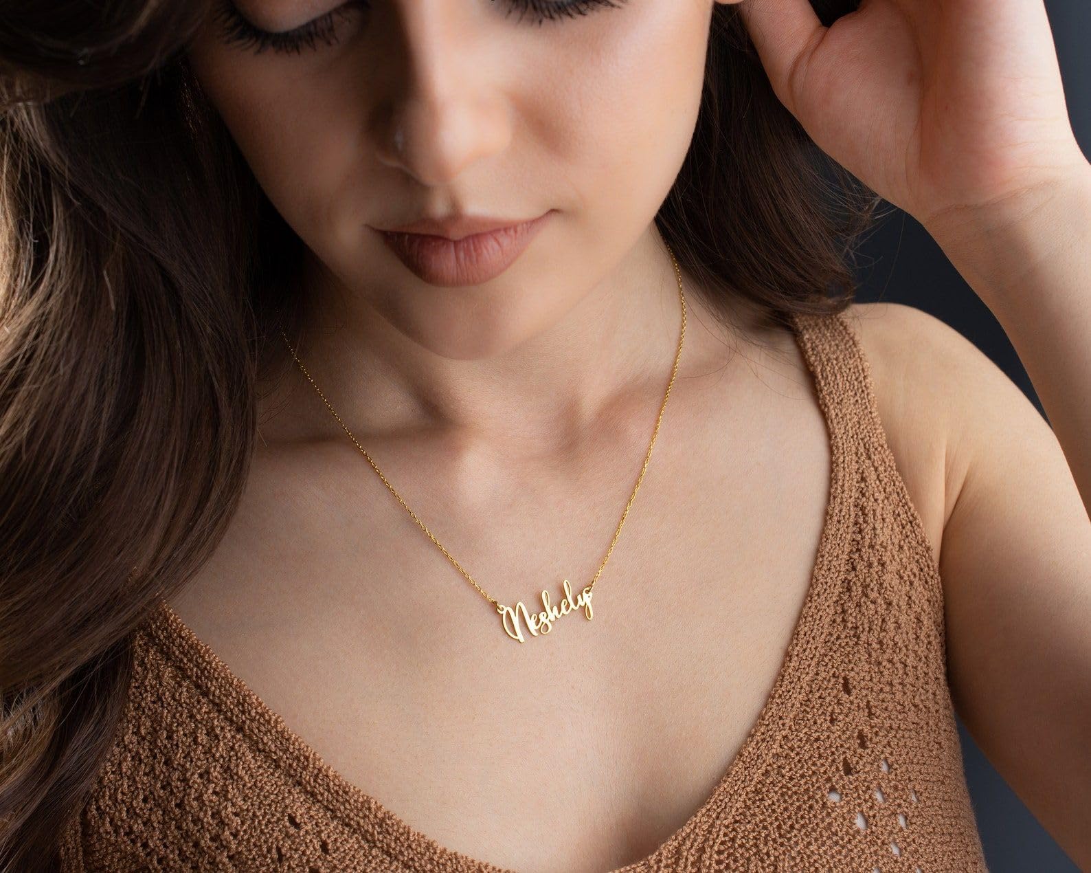 Oro su misura collana con nome, donne nome targhetta argento per fidanzata Cursive catena