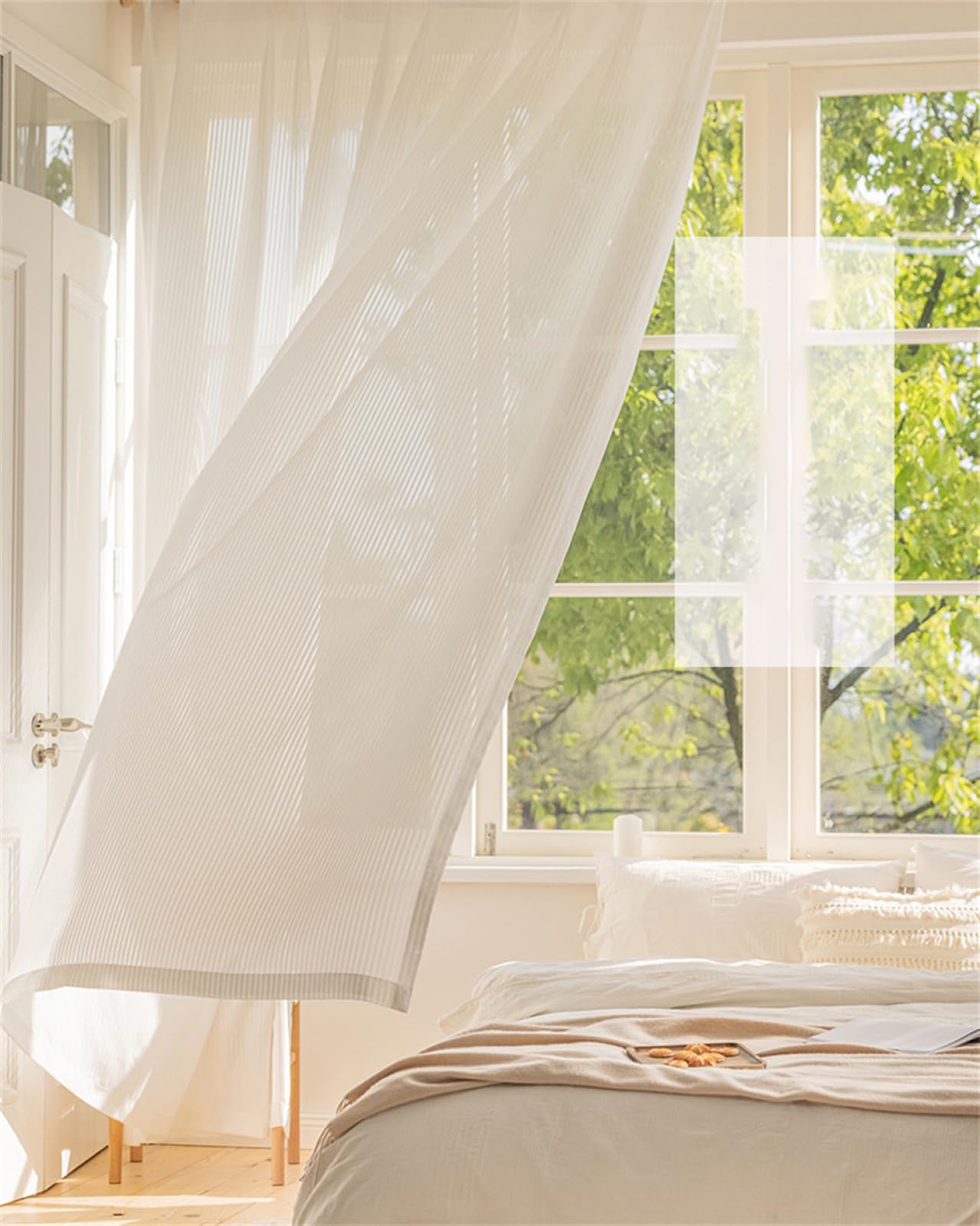 Voilage blanc rayé à œillets filtration lumière rideau de petite fenêtre salon et chambre