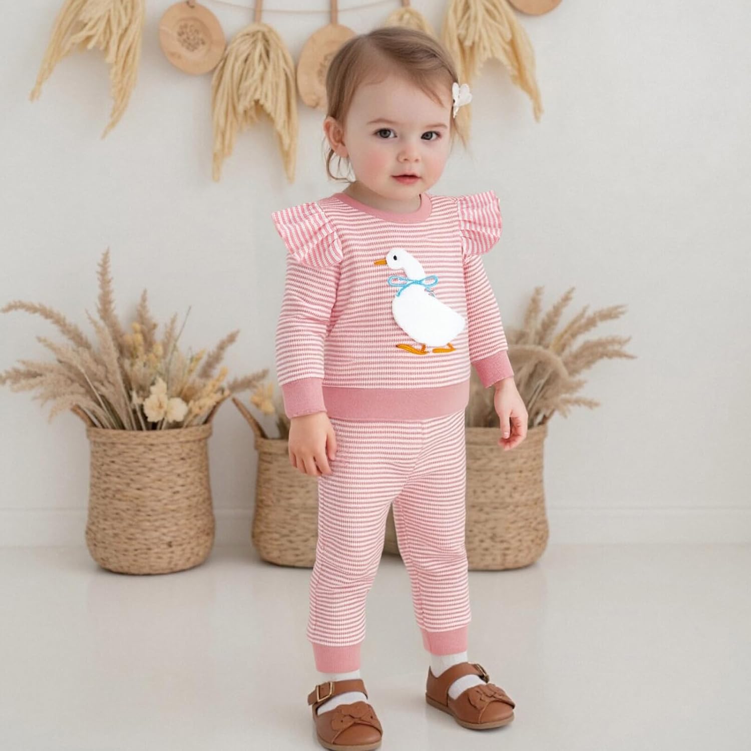 Toddler Baby Girl Fall Winter Clothes Silly Goose Long Sleeve Sweatshirt Tops Pants 2Pcs Set Farm Goose Outfit (Multicolor, 12-18 Months) - Image 7