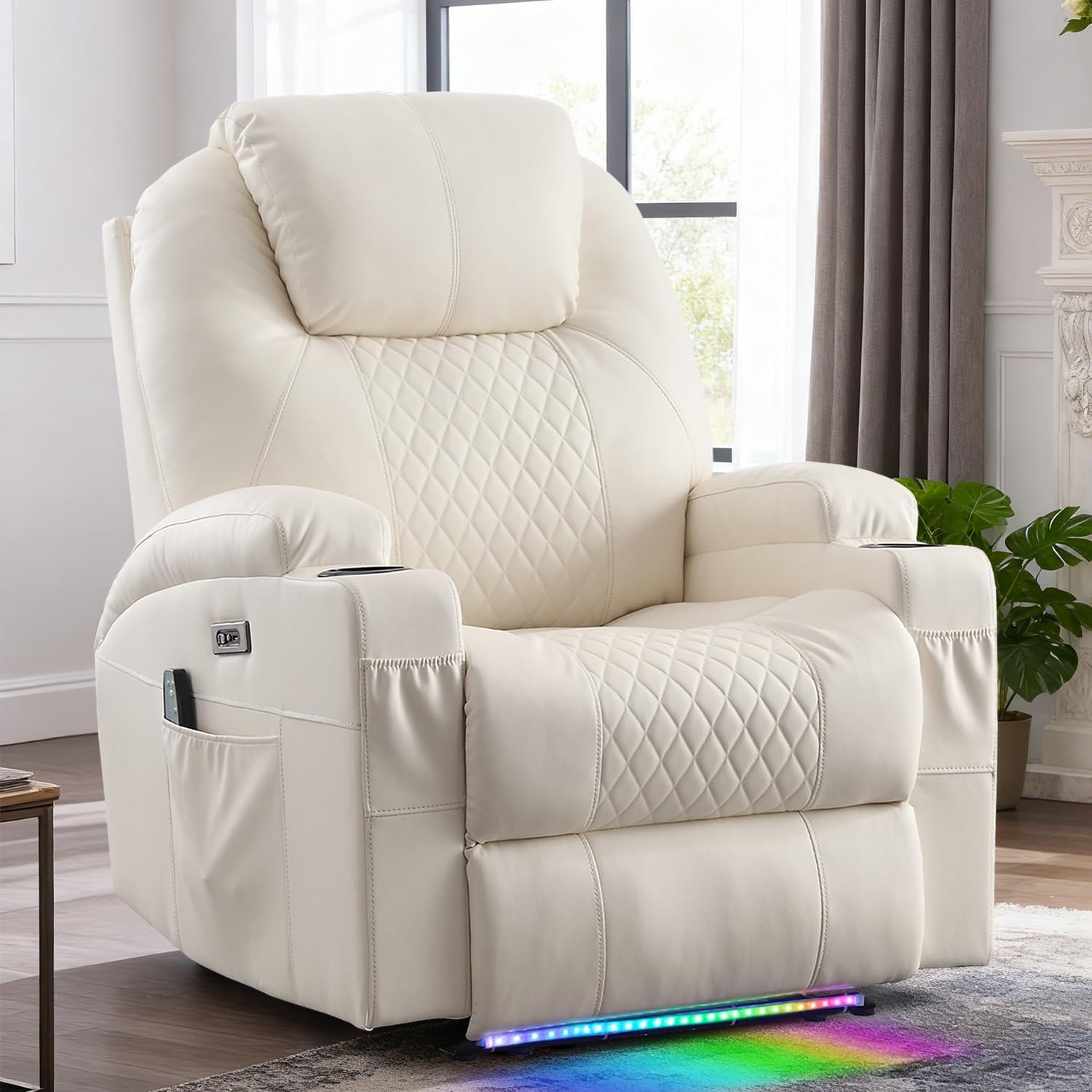 Power Recliner Chair with Heat and Massage for Adults - Home Theater Seating with LED Lights,Cup Holders,Side Pocket,USB Port - Recliner Sofa for Living Room (Beige, Single Recliner)