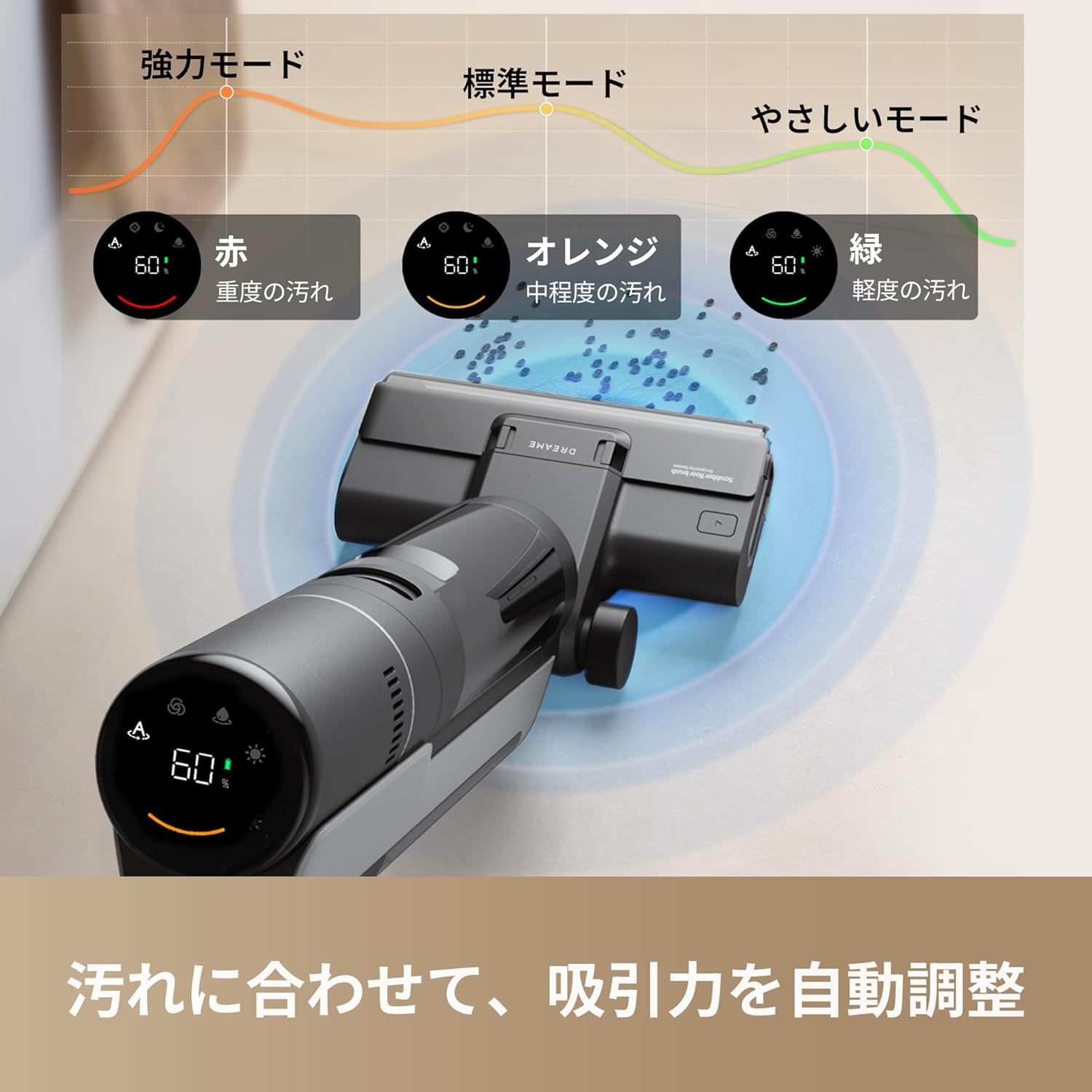 DREAME H12S display showing automatic suction adjustment based on dirt level