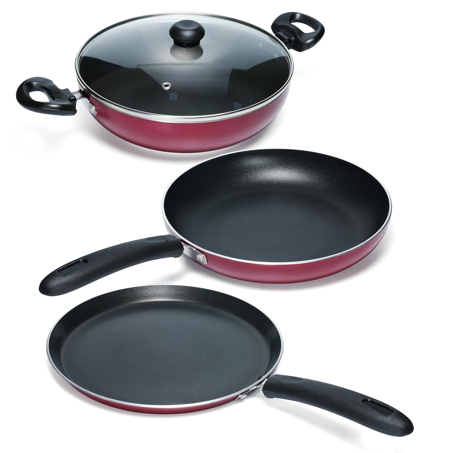 Impex Non Stick Cookware Set of 4 Pcs | Non Induction Bottom Kitchen Set | Non-Stick Coated Aluminium Cookware Set | Tawa Pan | Fry Pan | Kadai Pan with Glass Lid | 1 Year Warranty, Multicolor Impex Non Stick Cookware Set of 4 Pcs | Non Induction Bottom Kitchen Set | Non-Stick Coated Aluminium Cookware Set | Tawa Pan | Fry Pan | Kadai Pan with Glass Lid | 1 Year Warranty, Multicolor