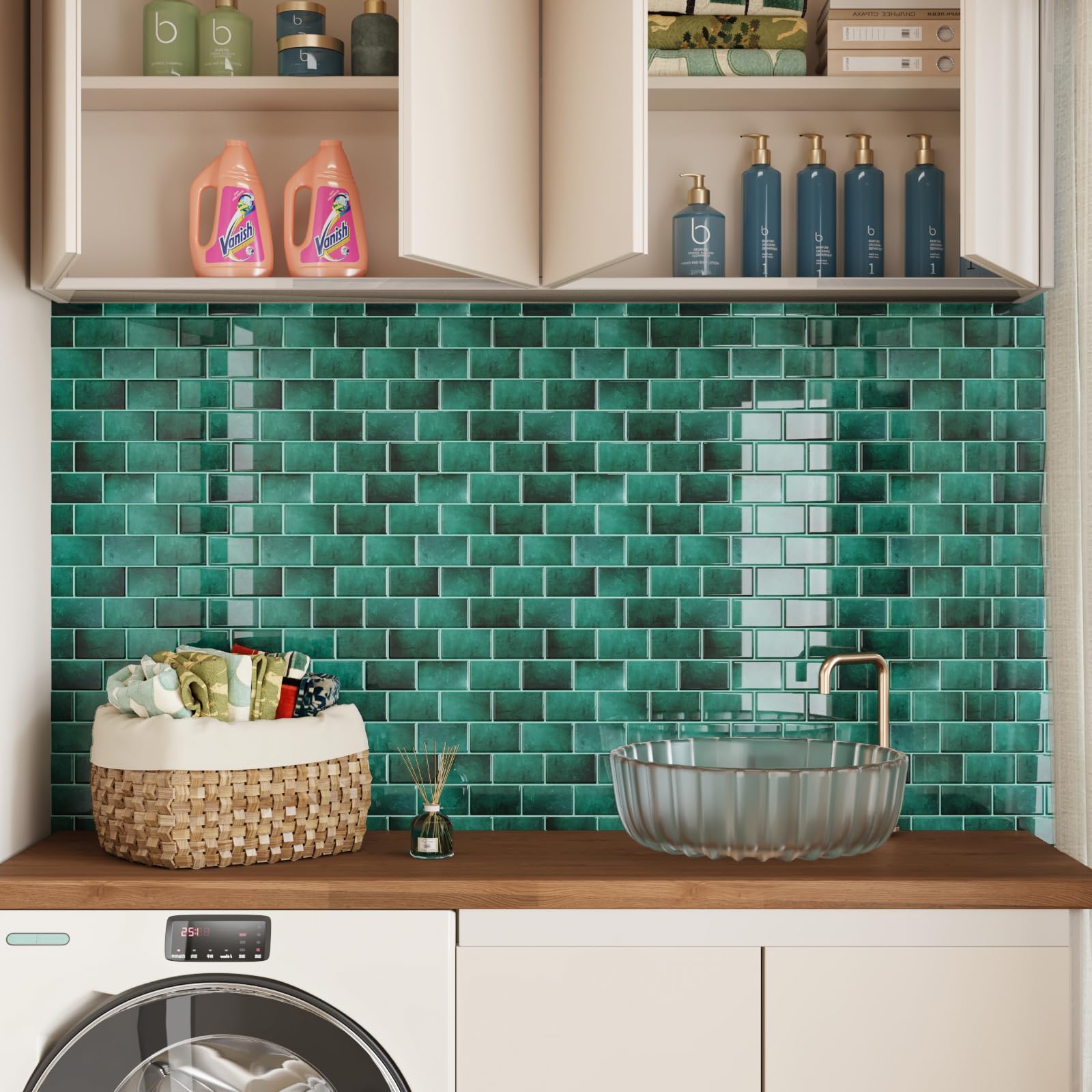 CRE8TIVE Piastrelle Adesive Cucina 16 Pezzi Verde Mosaico Adesivo Mattonelle Adesive Paraschizzi Cucina Adesivo Effetto Piastrelle Adesive Bagno Impermeabile Piastrelle per Lavanderia 30.5cm x 30.5cm