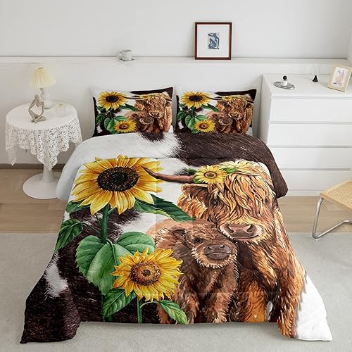 Miniatura 1 de Highland Cattle - Juego de edredón de tamaño individual, ropa de cama con estampado de vaca marrón para niños y niñas, edredón de girasol de piel de