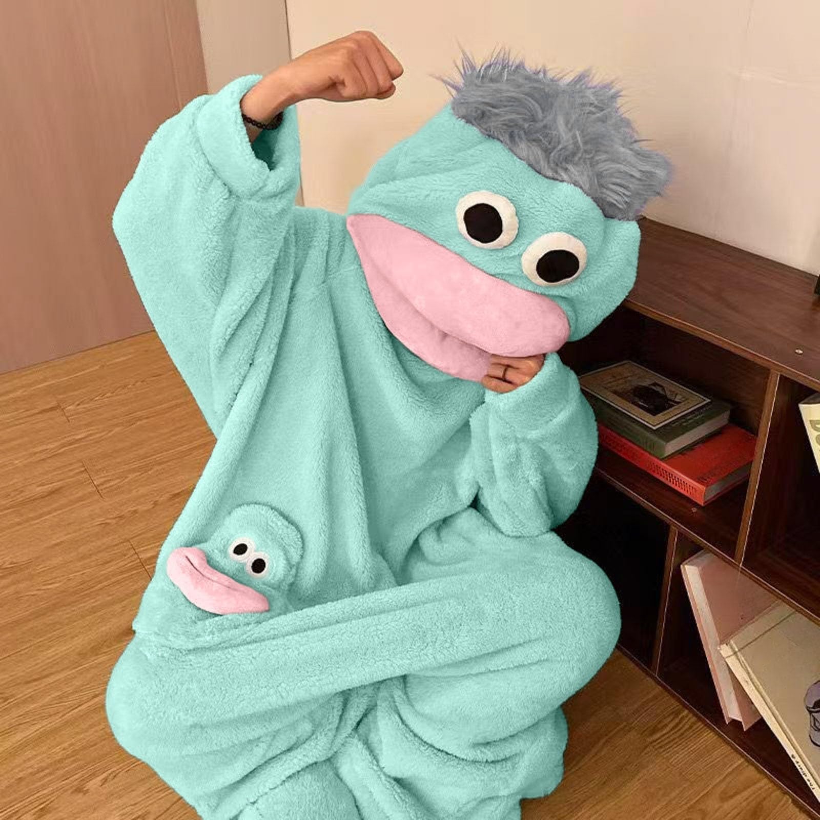 Silly Onesie Fleece Pajamas Erwachsene Unisex Lustiger Grüner Monster-Hoodie Fleece Ultra Soft Plush Hooded One Piece Jumpsuit Nachtwäsche Schlafanzug Weiche Loungewear Movie Nights mit Kamm