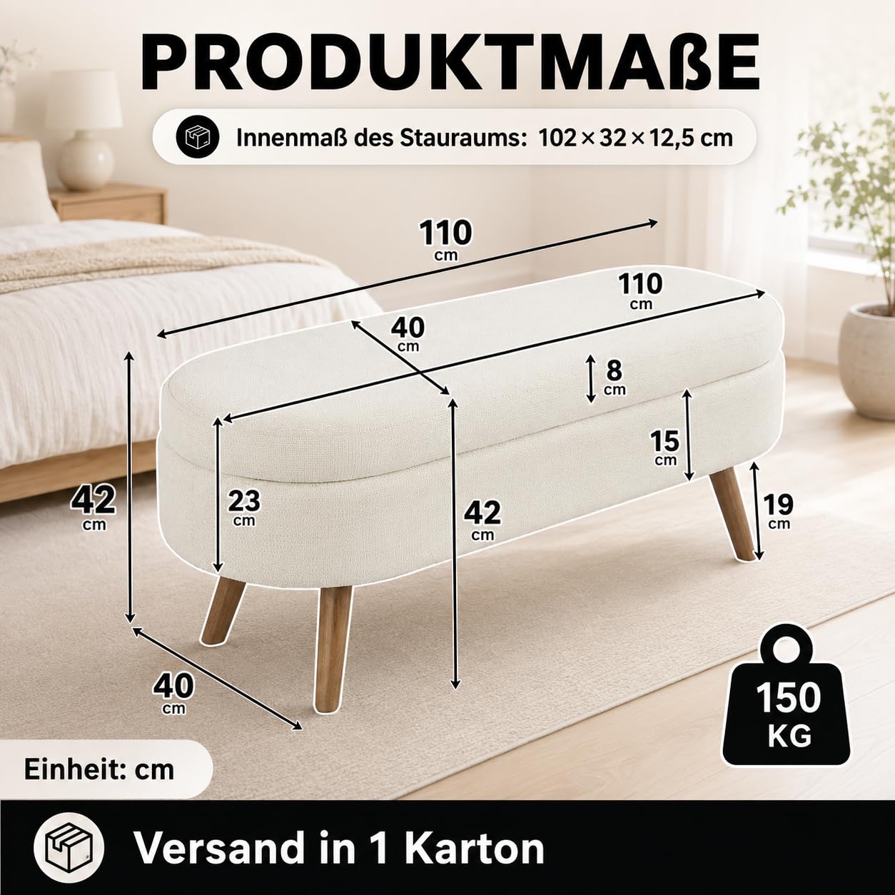 Sitzbank mit Stauraum, Polsterbank 110 cm mit Klappdeckel, Bettbank für Schlafzimmer, Flur & Wohnzimmer, Chenille-Optik,Holzbeine, bis 150 kg belastbar (Rosa)