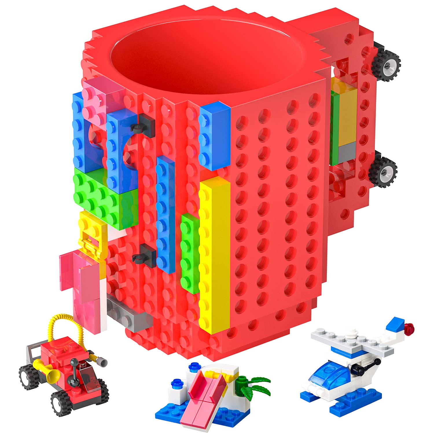DAYMOO Build-on Brick Mug,Funny Creative DIY building Blocks Cups with 3 packs of Blocks,Unique Coffee Cup For Christmas gifts,Compatible with Lego (Red)