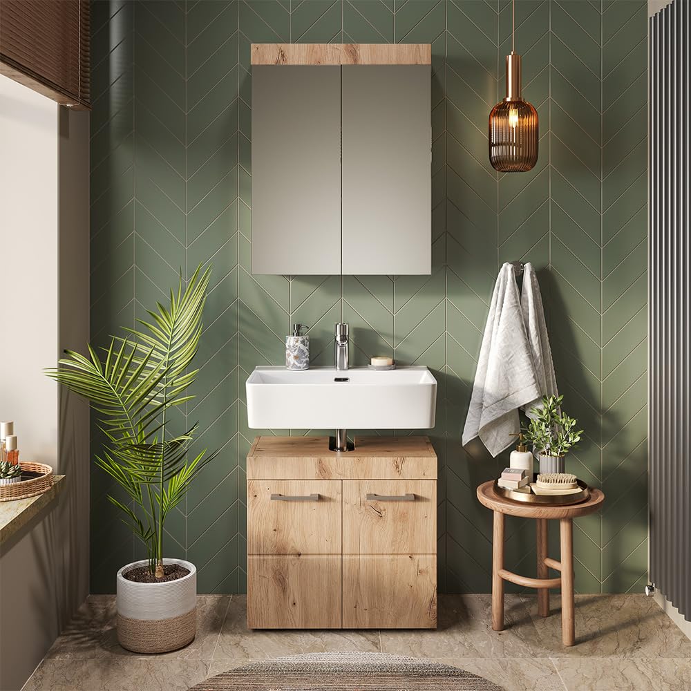Vicco Set mobili bagno Luna, Quercia Wotan, 60 cm, composto da specchio da bagno e mobile sottolavabo