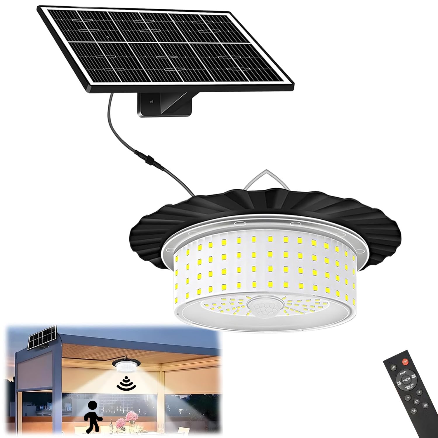 Solarlampen für Außen Innen mit Bewegungsmelder, 5 Modi IP65 Wasserdicht Solarleuchten Pendelleuchte,244 LED Strahler Außen mit Fernbedienung für Outdoor Garten für Garage Garten Hof Decke