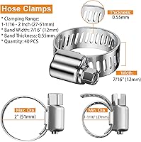 Vista 4 de 40 abrazaderas de manguera, abrazaderas de manguera de acero inoxidable de 1-1/16 a 2 pulgadas, abrazaderas de engranaje helicoidal ajustables