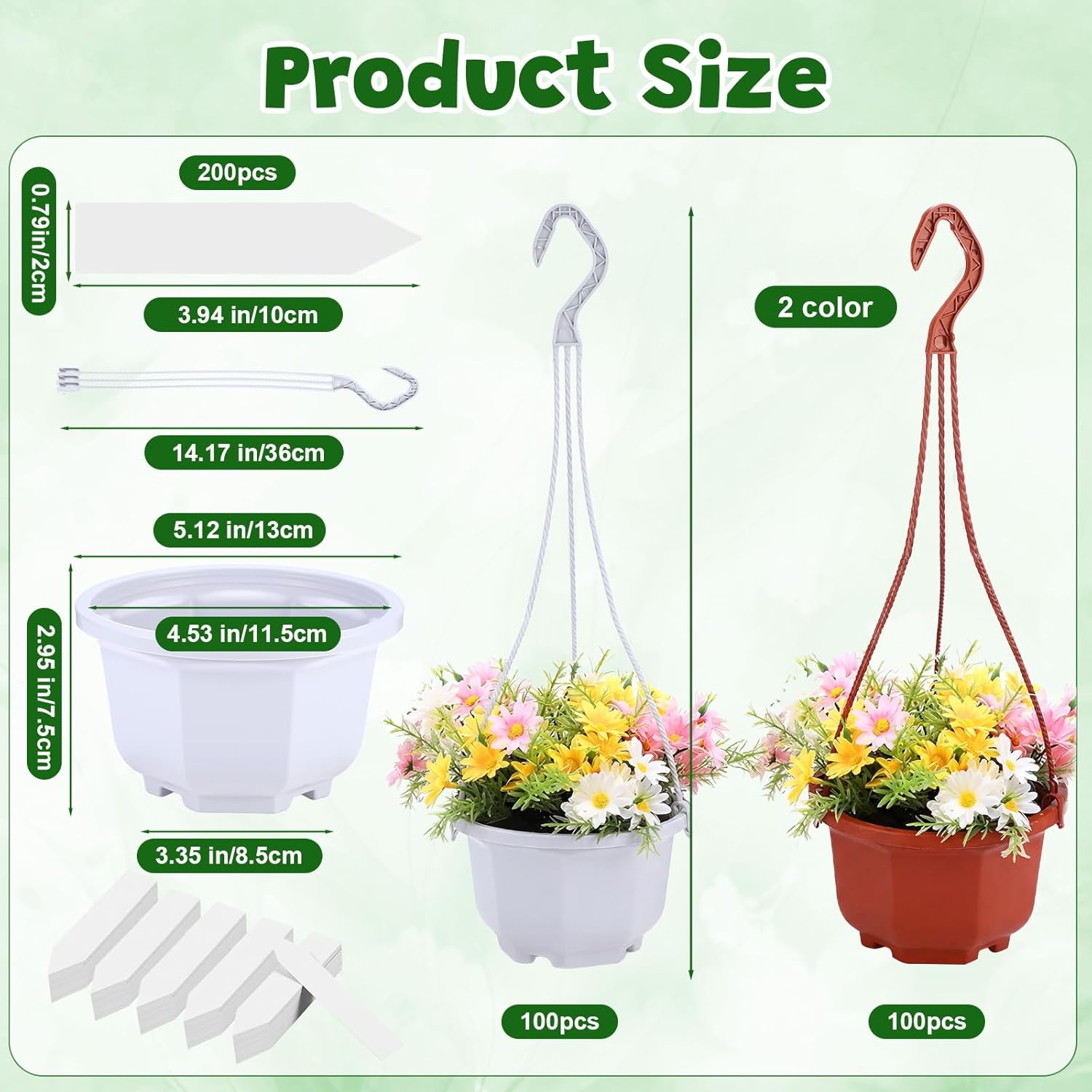 200 Pack 5.1 Inch Plastic Hanging Pots Bulk Nursery Hanging Planters with Hooks and Drainage Small Grower Pots for Indoor Outdoor Plants, Garden, Greenhouse,Includes 200 Labels(Brown and White)